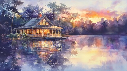 A quaint wooden cabin on a still lake at sunset, surrounded by trees. The reflection of the cabin and the colorful sky are mirrored on the water's surface.