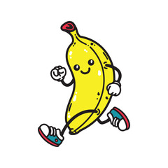 Cartoon character of a cute banana running! This vector doodle in flat art design captures the banana's workout, ideal for playful fitness and activity illustrations, isolated on a white background.