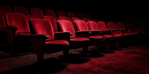 A row of empty red velvet theater seats, dim light casting soft shadows, inviting anticipation