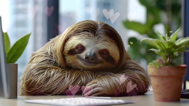 A sloth is fast asleep on the office desk. Seamless 4K looping timelapse video animation background