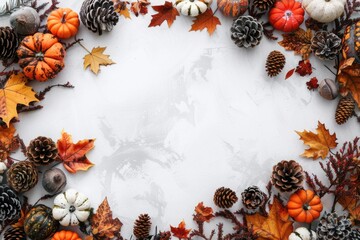 A seasonal decoration featuring fall leaves, pumpkins, and pine cones