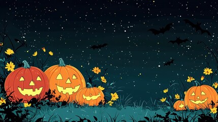 Halloween Jack-O-Lanterns Under a Starry Night Sky