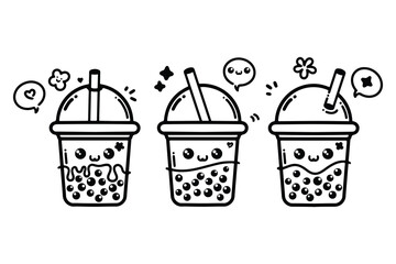 Set of cute cartoon bubble tea illustrations! This vector doodle line art collection features adorable boba tea designs, perfect for trendy and playful creations, isolated on a white background.