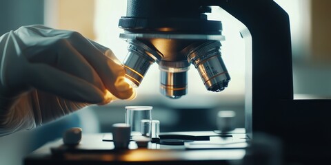 a scientist?s hand adjusting a microscope, with tiny details of the focus knob and lens, precision at work