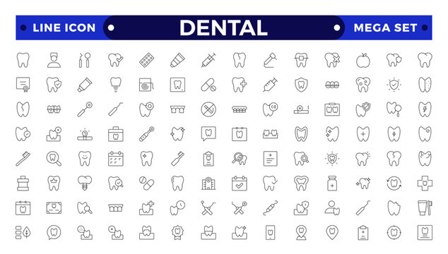 Dental icon collection. Related to tooth, dentist, toothpaste, toothbrush, teeth, implant and dentistry icons. Outline icon set.