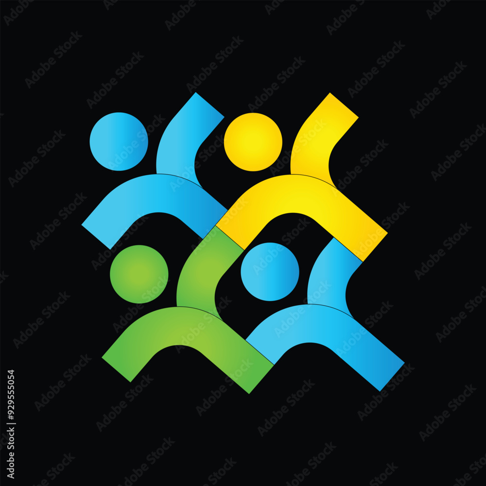 Poster this is an abstract logo hat depicts four abstract people in different color connected each other fo