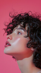 Fototapeta premium Fashion Portrait of Woman with Curly Hair on Pink Background