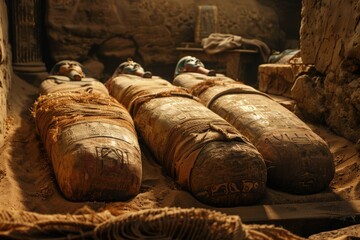 Three ancient Egyptian-style mummies sit atop a sandy terrain