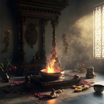 63. A 3D rendering of a traditional Vedic yajna altar with ritualistic elements and sacred fire