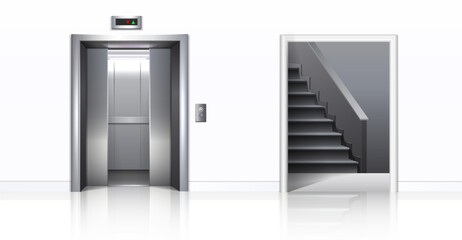 3d realistic vector illustration. office building elevator with half closed doors, white walls and stairs.  © Real Vector