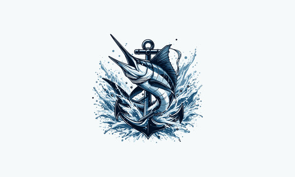 marlin fish with anchor vector illustration design