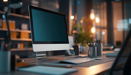Close-Up of Modern Workstation with Sleek Monitor and Blurred Office Background
