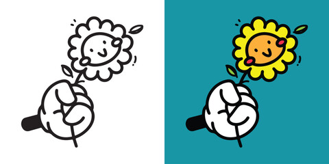 Cartoon hand-holding a cute flower in doodle line art and flat color. This vector illustration is perfect for playful and decorative designs, isolated on a white background.
