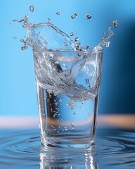 Water splash in a glass against a blue background