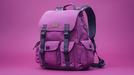 A stylish purple backpack with multiple pockets on a vibrant background.