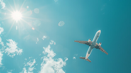 Obraz premium Commercial airplane flying through a clear blue sky on a sunny day