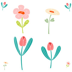 Flat various color style flowers in various stages of bloom, with different shapes