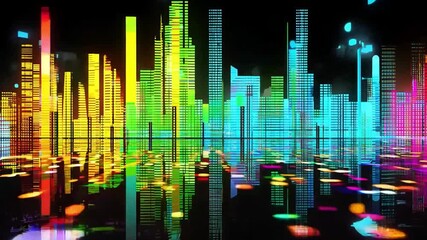 A lively urban skyline showcases colorful lights, creating reflections on the water's surface during a vibrant night. - Powered by Adobe