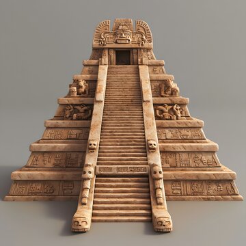 45. A 3D depiction of an Aztec pyramid with detailed carvings and ritualistic elements
