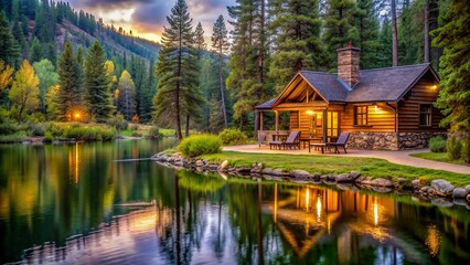 Fototapeta premium Serene waterside cabin nestled among trees on Lake Avery's shore in Missoula, Montana, featuring outdoor seating area, crackling fireplace, and nearby stream flowing into lake banks.