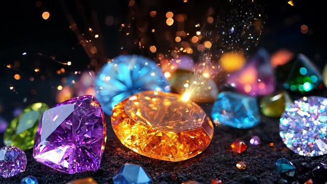 Colorful gemstones sparkle against a dark background. Vibrant crystals catch light, creating a magical atmosphere with dancing sparkles and light flares.	