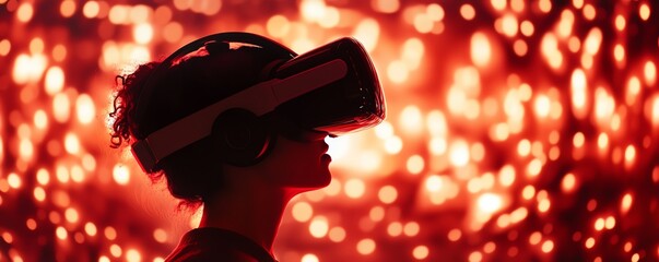 A person immersed in virtual reality, showcasing the innovative technology of VR headsets against a vibrant, colorful backdrop.