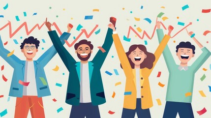 Whimsical cartoon vector of a startup team celebrating their first big sale, with confetti and a sales graph showing growth