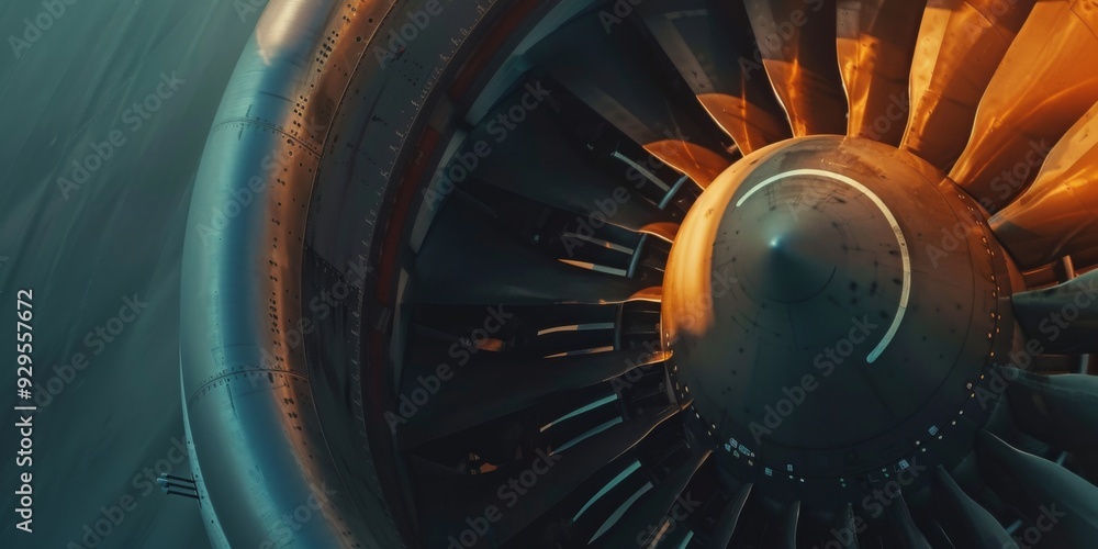 Poster close-up view of a turbojet engine on an airplane, highlighting the intricate details of its mechani