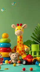 Obraz premium Children's Toys and Giraffe Figurine on Green Background