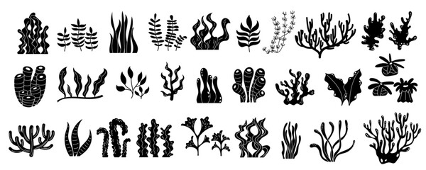 Black and white silhouette vector of underwater plants. Featuring marine reef flora, including seaweed and algae. Isolated aquatic life elements for various designs.