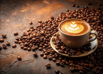 Naklejka premium Warm and inviting close-up of a rich cappuccino coffee with scattered coffee beans on a rustic brown textured background offering ample copy space.