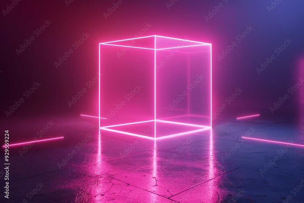 Poster 3d render, neon light square cube floating in the space with high speed light background, hyper warp