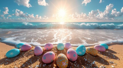 Vibrantly Colored Easter Eggs Nestled on a Golden Sandy Beach at Sunrise with Ocean Waves Gently Crashing in the Background