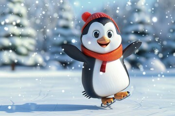 Cute penguin  ice skating in winter time , 3D render , created ai