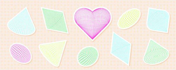 Pastel collection of geometric shapes, featuring a heart, with grid wireframe and mesh patterns. Abstract y2k sticker design, highlighting futuristic and retro elements.