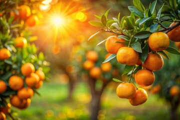 Vibrant ripe tangerines cling to a branch, bathed in warm golden light, amidst a soft blurred backdrop of lush green orange trees at sunset.