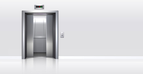 3d realistic vector illustration.  office building elevator with half closed doors and white walls corridor.