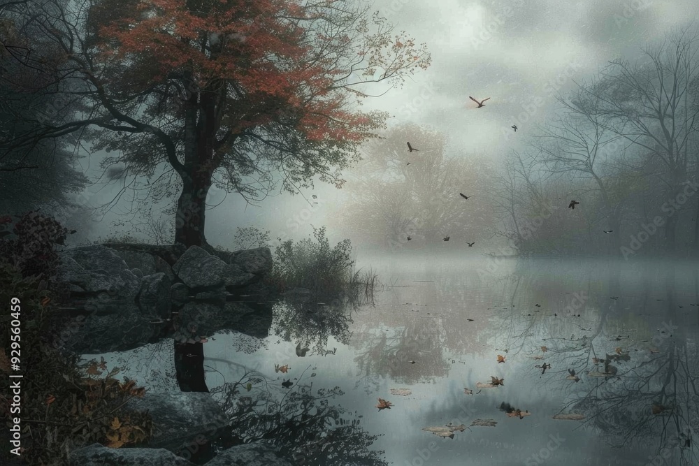 Poster a serene and mysterious scene of a foggy lake with a lone tree standing tall in the foreground