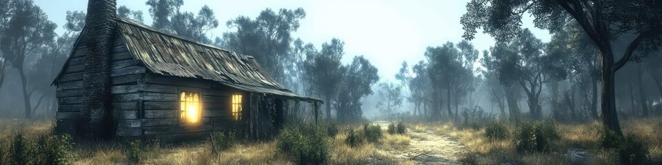 Fototapeta premium Serene Woodland Cabin in Misty Morning Light with Warm Interior Glow, Soft Forest Pathway, and Tranquil Nature Atmosphere