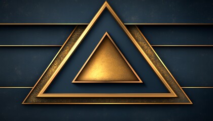 A stylized geometric design featuring layered triangles in gold and dark tones.