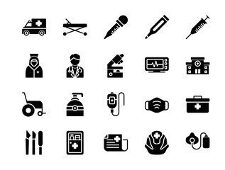 medical icon set style glyph.
Collection medical icon glyph ambulance, patient bed, pipette, thermometer, injection, nurse, doctor, etc. Editable vector stroke.