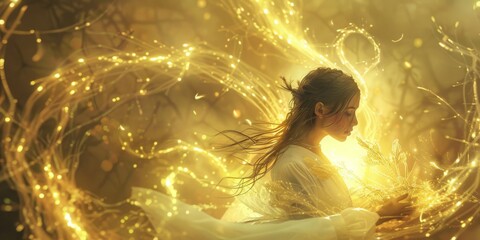 Obraz premium Ethereal atmosphere surrounds a mesmerizing silhouette, golden light streaming down, illuminating wispy tendrils of hair as they swirl, conveying a sense of freedom and mystique