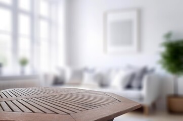 Wooden table with houseplant in living room
