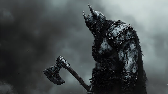 The Blood-Stained Warrior: A Dark Fantasy Illustration of a Viking Berserker with Axe and Horns