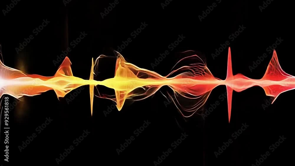 Fototapete Abstract representation of sound waves with intricate patterns in red and yellow hues creating a dynamic visual effect against a dark backdrop.