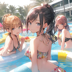 プールで遊ぶかわいい女の子３人組