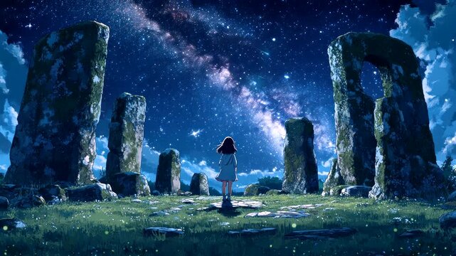 Anime girl standing in a mystical stone circle under a starry sky with the Milky Way glowing brightly. Enchanted night scene concept. Seamless looping time-lapse video background.