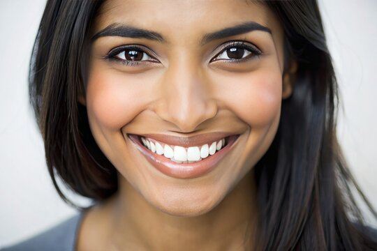 A closeup photo portrait of a beautiful young asian indian model woman smiling with clean teeth. used for a dental ad. isolated on white background