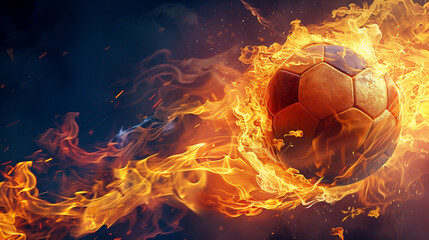 Fototapeta premium Flaming soccer ball in motion with dynamic fire effects on a dark background