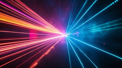 A detailed view of a laser light show with vivid, shifting colors and beams, creating a dramatic and vibrant effect in the night sky.